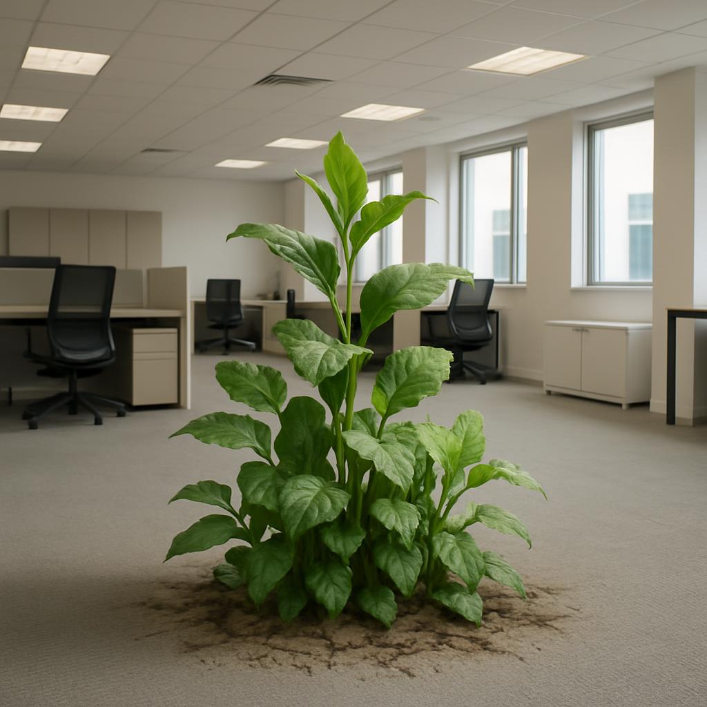 The office is adorned with a single potted plant, and the carpet has become eroded at the base of the plant due to an unkn...